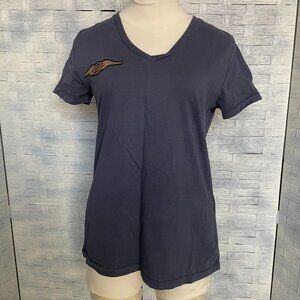 Harley Davidson T-Shirt Womens Medium V-Neck Eagle Graphic Dark Blue 100% Cotton